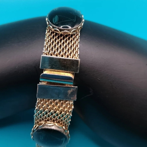 Gorgeous Vintage Goldtone Black Brown Stone Buckle Bracelet Slide Closure Mesh - Picture 3 of 6